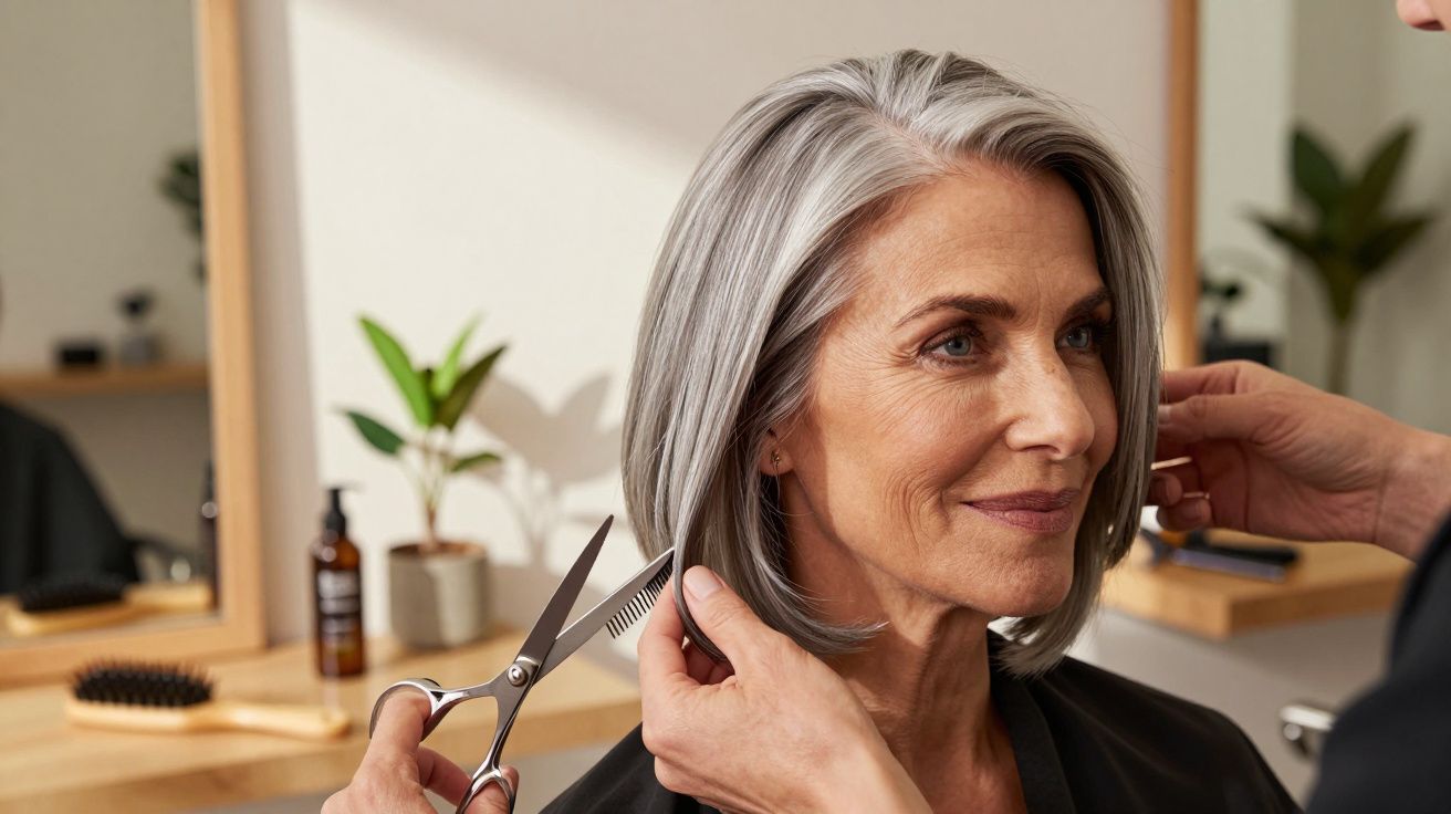 Mulher de cabelo grisalho a ser penteada num salão de cabeleireiro, com tesoura e pente.