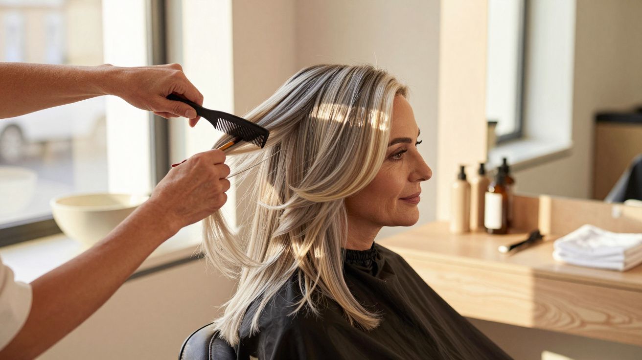 Mulher loira no cabeleireiro com cabelo a ser penteado próximo a uma janela, ambiente iluminado e relaxante.