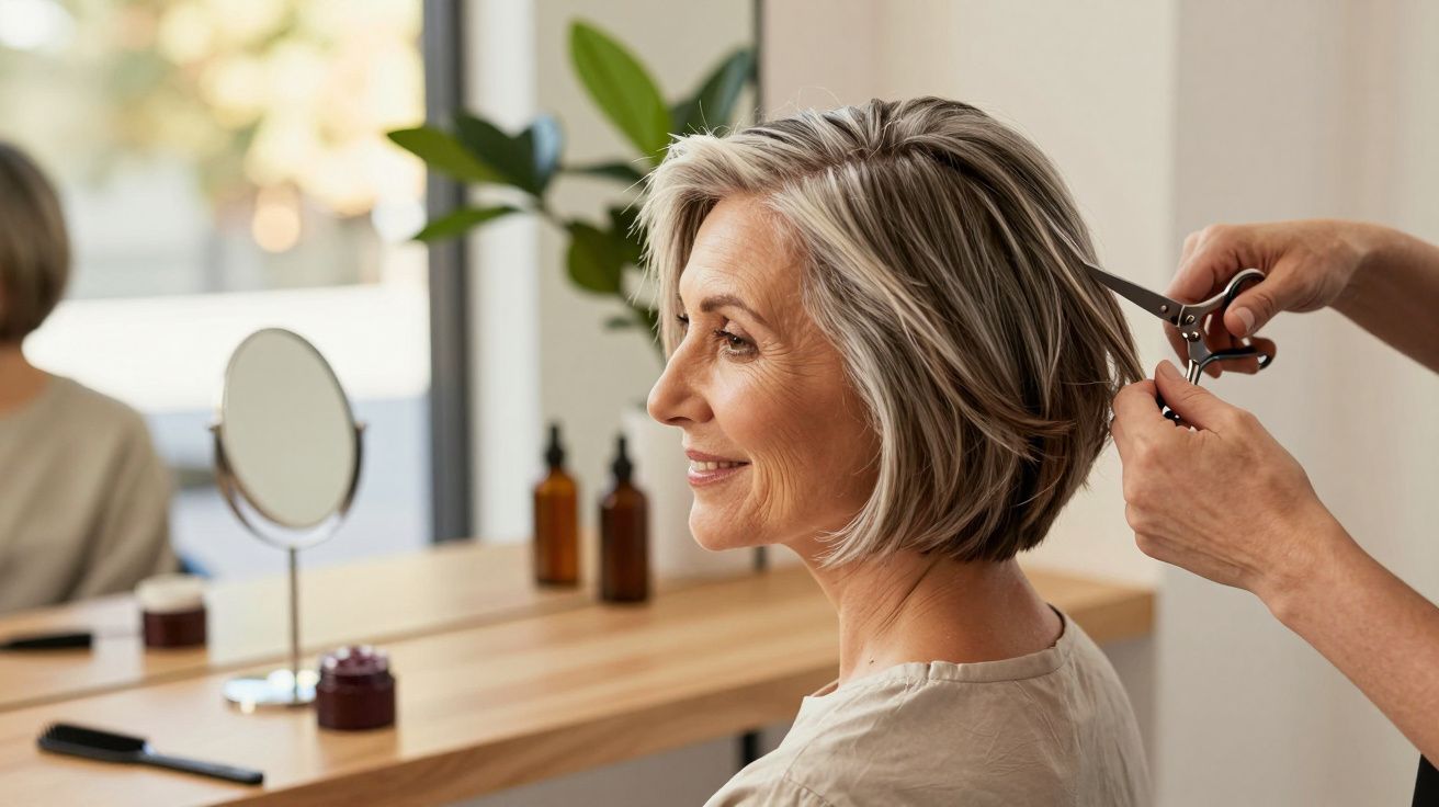 Mulher idosa sorrindo enquanto cabeleireiro corta seu cabelo grisalho num salão moderno e bem iluminado.