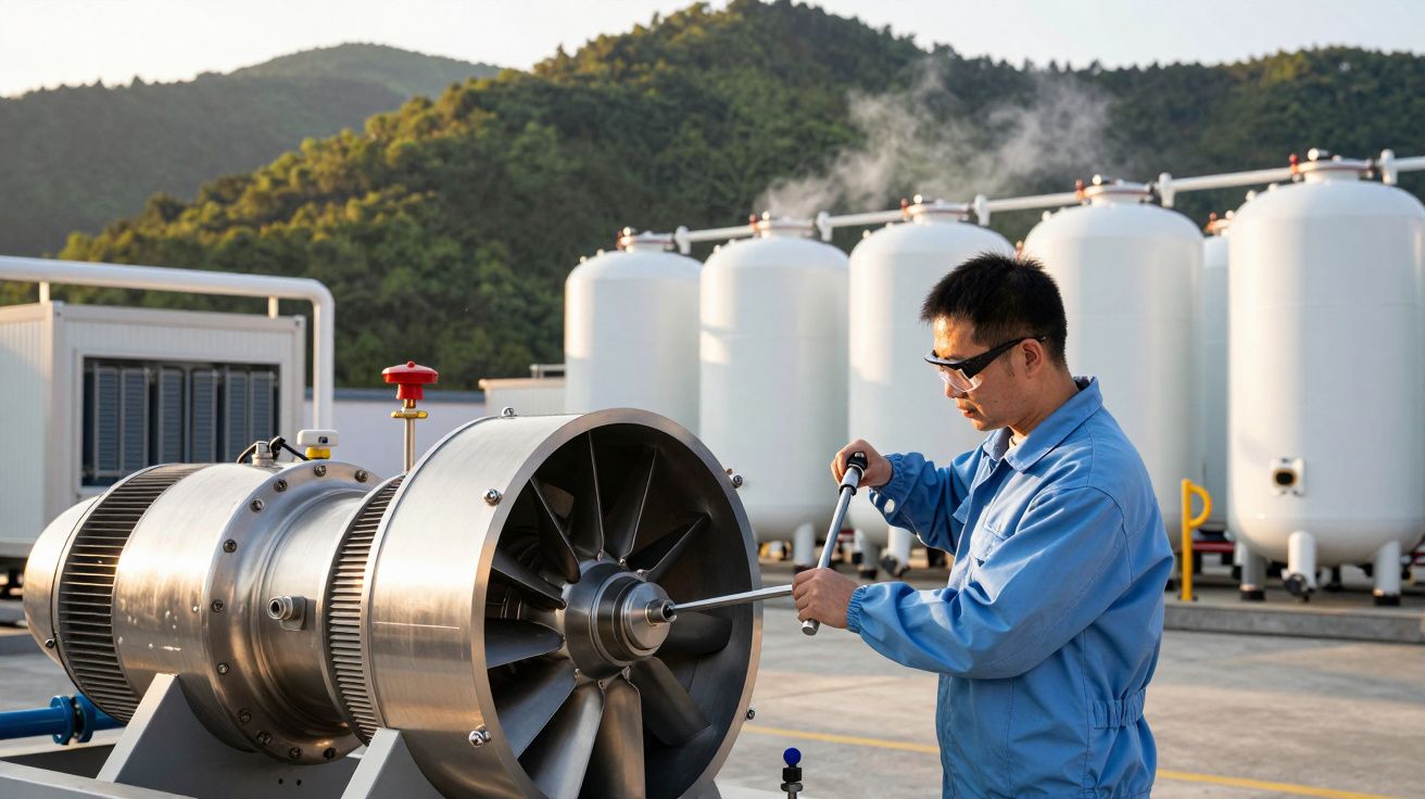 Homem em fato azul trabalha numa turbina ao ar livre, com cilindros brancos e montanhas ao fundo.