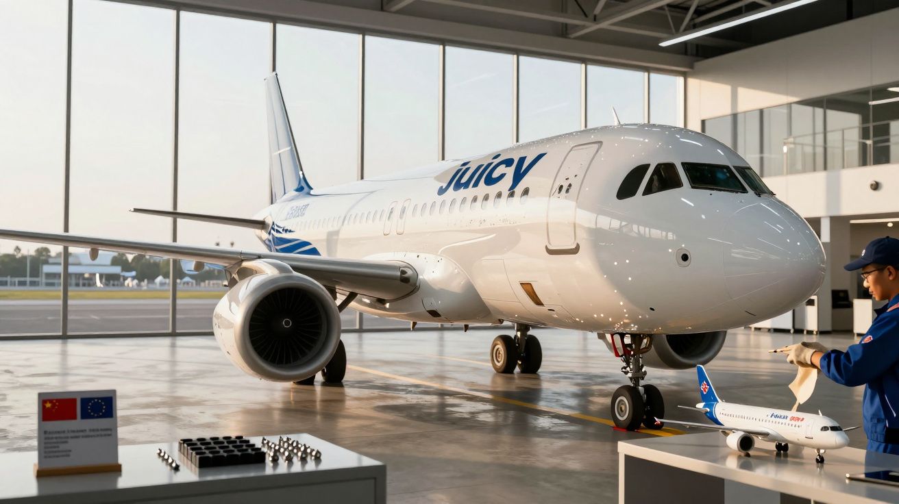 Avião branco no hangar com funcionário ao lado e maquete de avião sobre mesa.