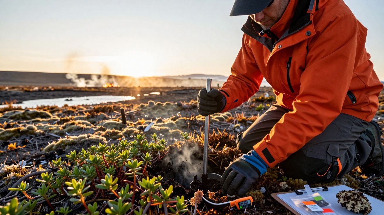 Investigador recolhe amostra de solo fumegante em paisagem ártica ao pôr do sol, usando luvas e casaco laranja.