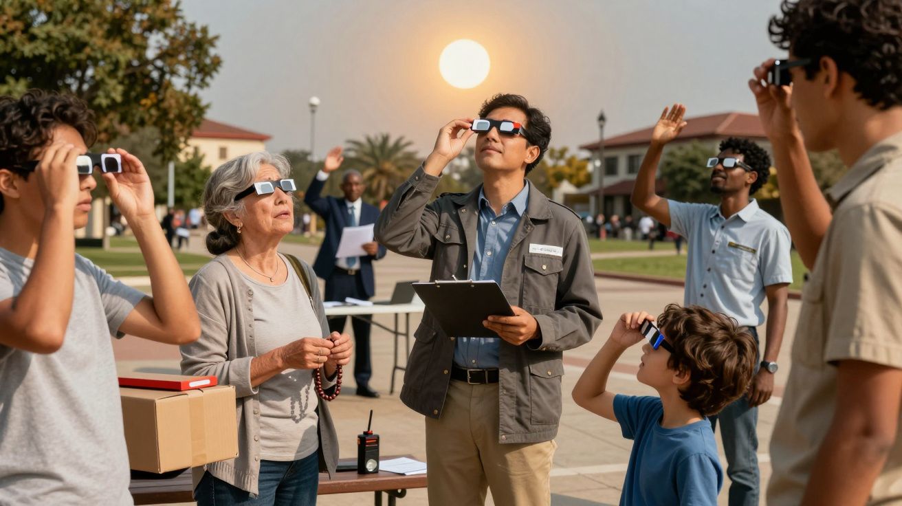 Pessoas observam um eclipse solar com óculos de proteção numa área ao ar livre, ao entardecer.
