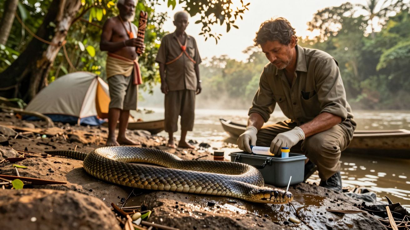 Homem com cobra grande junto a rio na selva; analisa equipamento enquanto duas pessoas observam, tenda e canoa ao fundo.