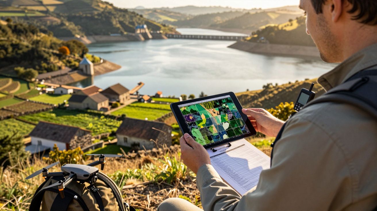 Homem observa imagens de campo agrícola em tablet, com drone ao lado e paisagem de lago e colinas ao fundo.