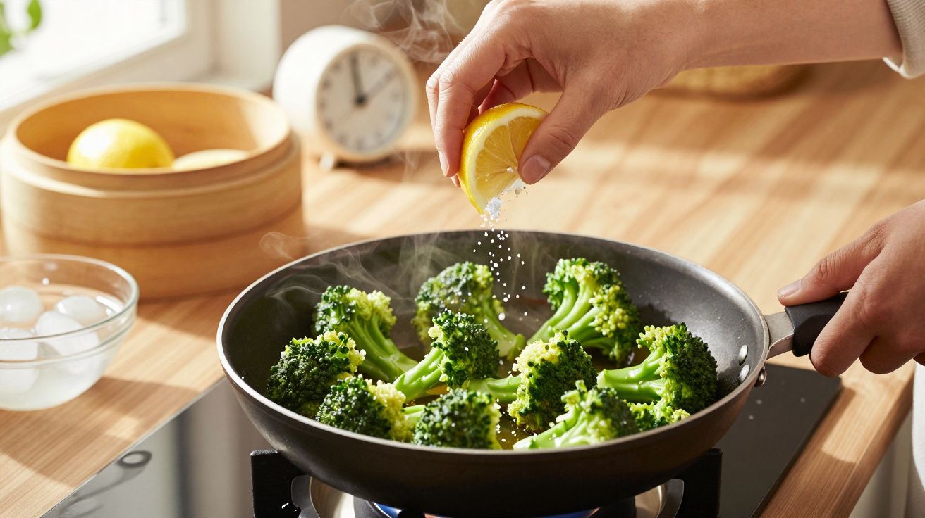 Mão espremendo limão sobre brócolos a cozinhar numa frigideira no fogão.
