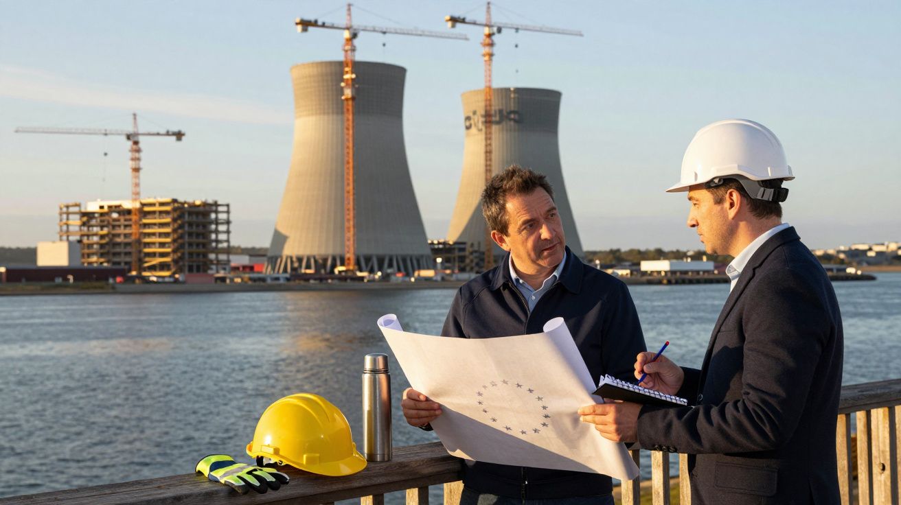 Dois homens discutem planos de construção perto de torres de resfriamento e guindastes, com capacete e luvas sobre a mesa.
