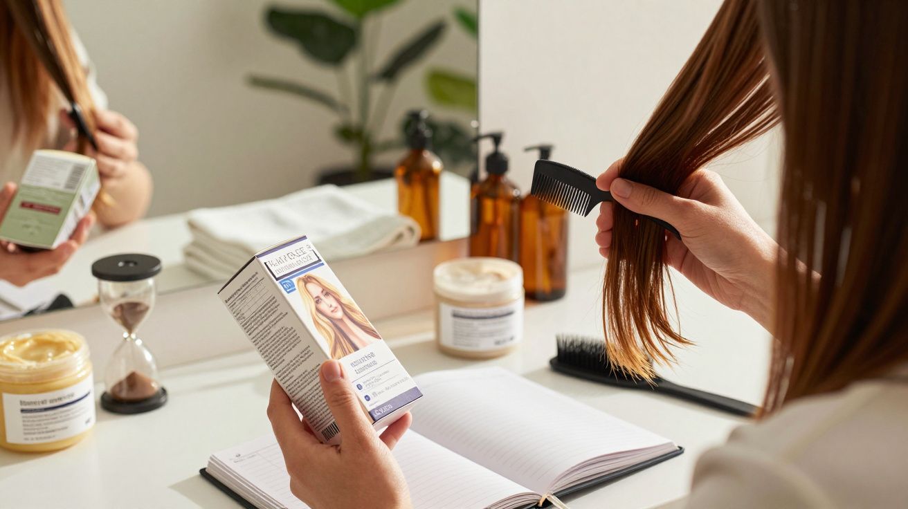 Mulher penteia cabelo enquanto segura caixa de tintura, na frente de um espelho com produtos de beleza e uma ampulheta.