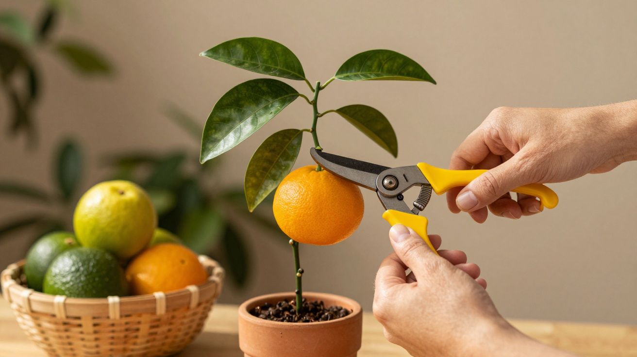 Mãos cortam uma laranja numa pequena árvore em vaso; ao lado, uma cesta com frutas.