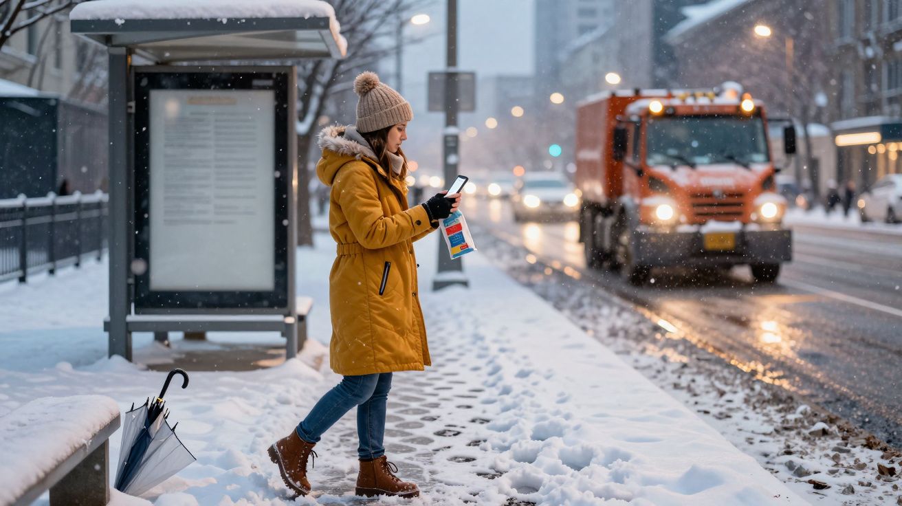 Mulher de casaco amarelo caminha na neve olhando o telemóvel, com um camião de neve ao fundo.