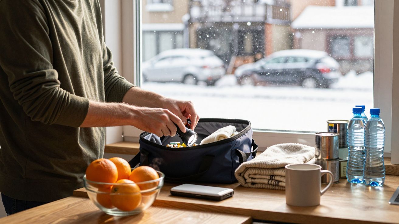 Pessoa arruma mala com alimentos e água ao lado de janela com neve. Mesa com laranjas, toalha e caneca.