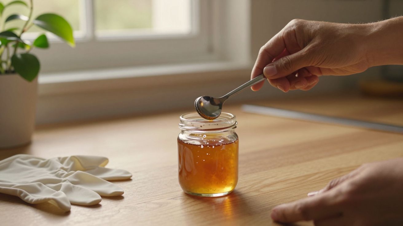 Mão segurando colher de mel sobre frasco de vidro numa cozinha iluminada, com luvas e planta ao fundo.