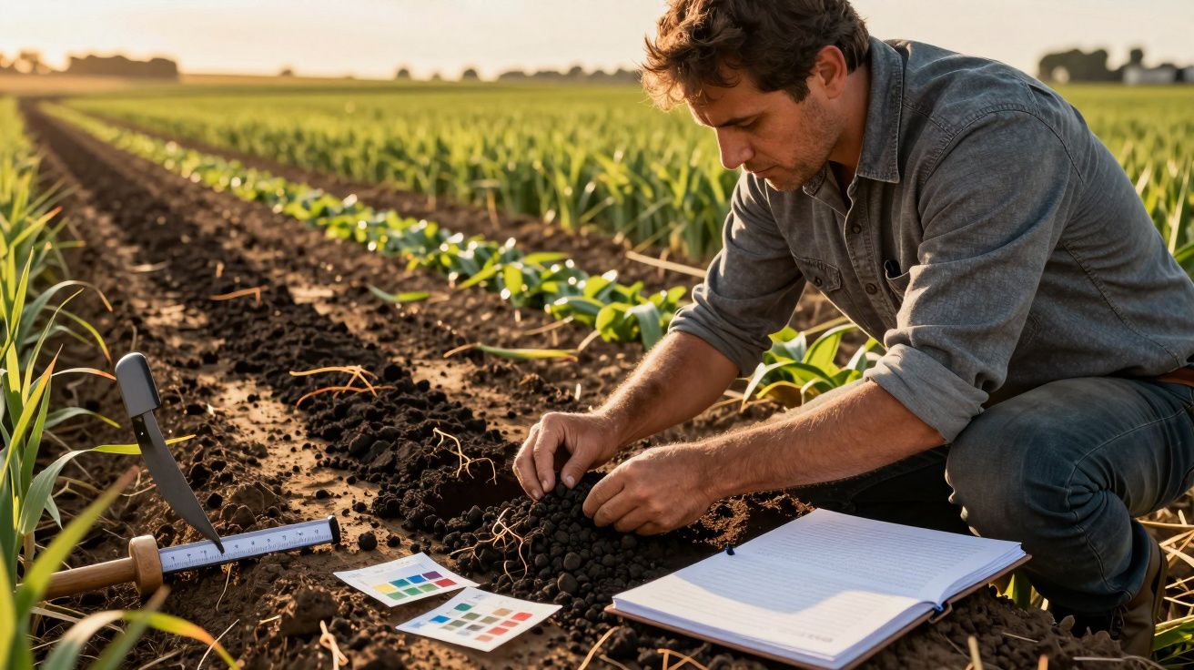 Agricultor examina o solo numa plantação, com ferramentas e caderno ao lado, sob luz suave do pôr do sol.