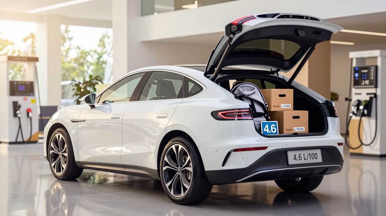 Carro branco elétrico num showroom com bagageira aberta e caixas no interior, estação de carregamento ao fundo.