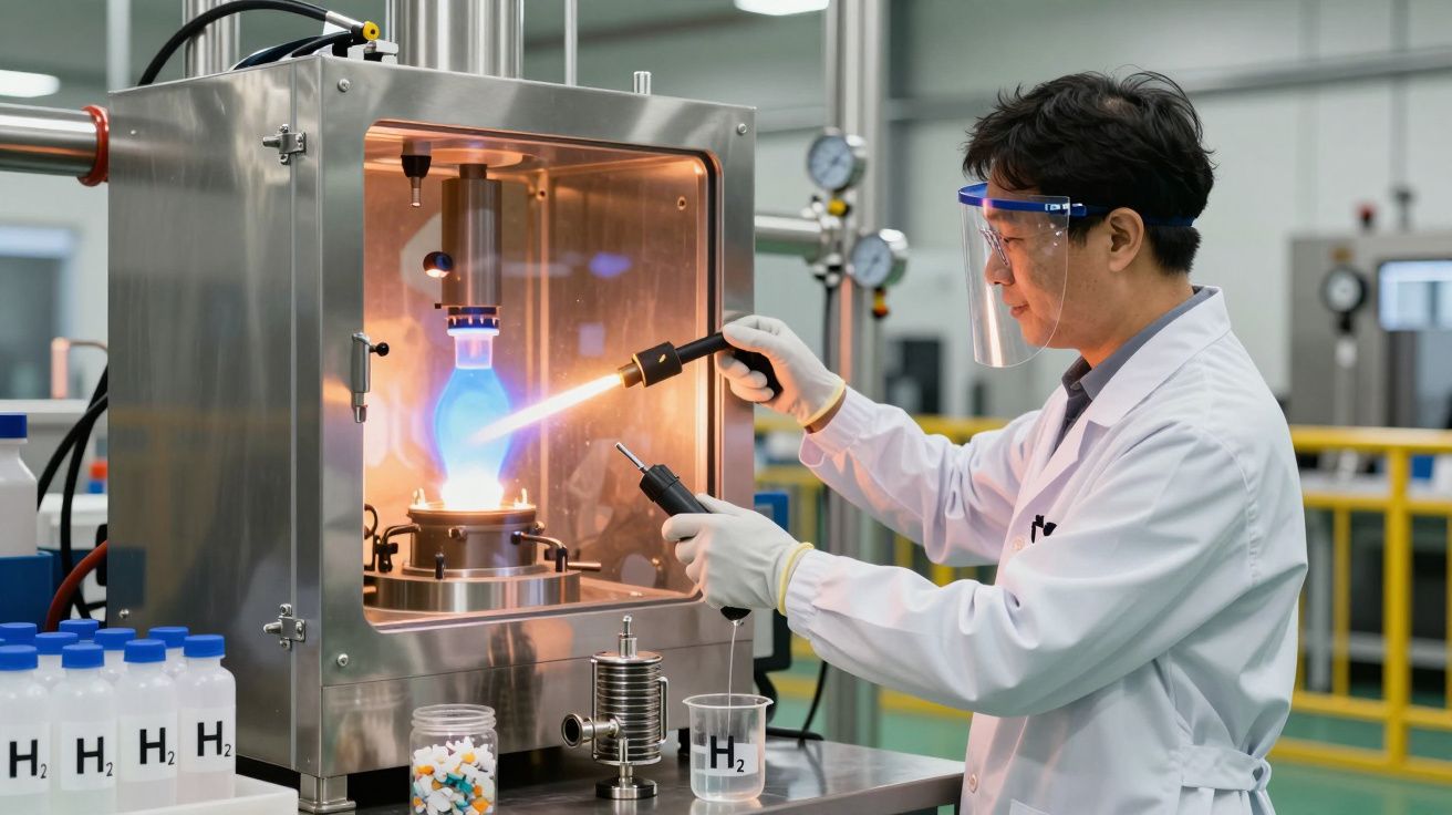 Cientista em laboratório usa maçarico para aquecer substância em frasco. Equipamento de proteção e frascos de H2 visíveis.