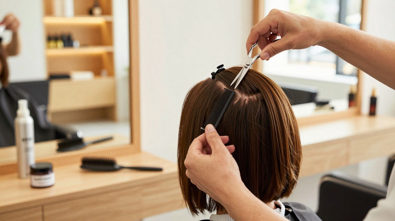 Cabeleireiro corta cabelo castanho curto com tesoura e pente num salão moderno com espelho e produtos ao fundo.