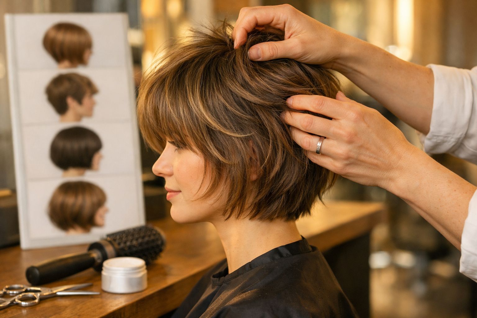 Cabeleireiro ajusta corte de cabelo curto de mulher num salão.