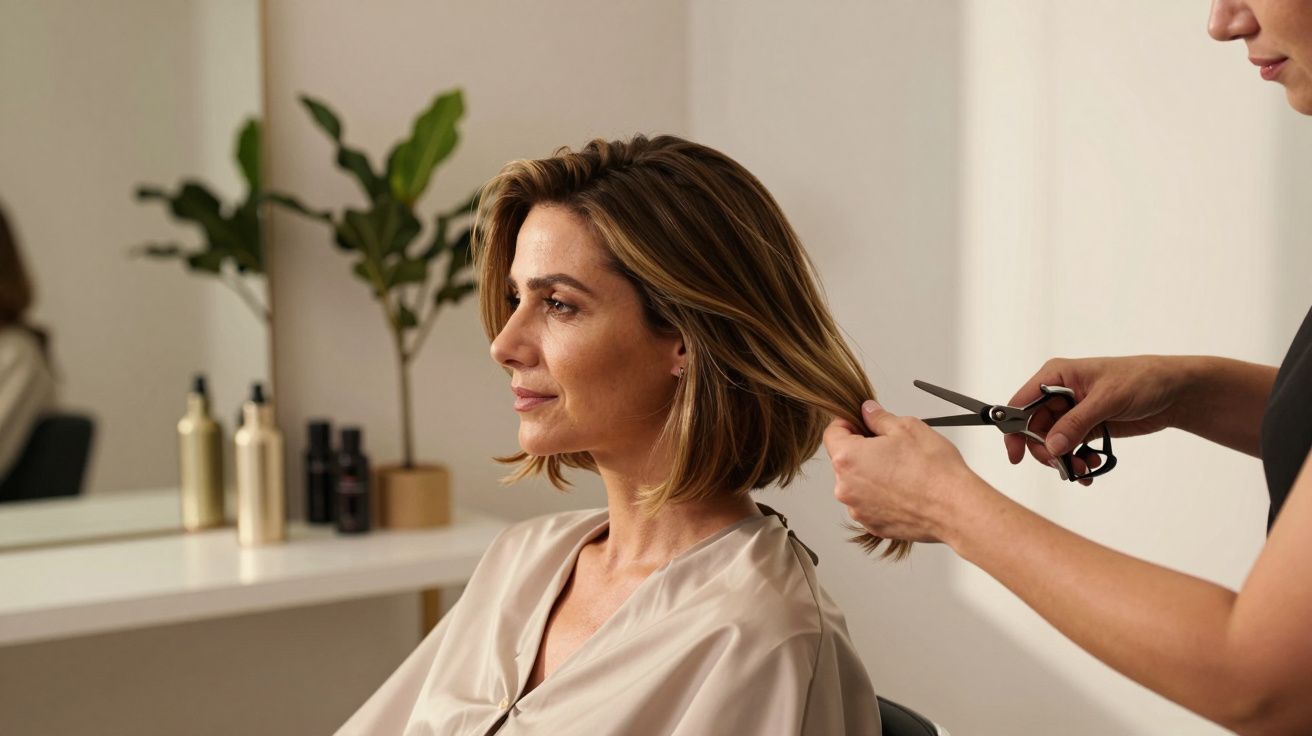 Mulher a receber um corte de cabelo curto num salão de beleza, com plantas e produtos ao fundo.