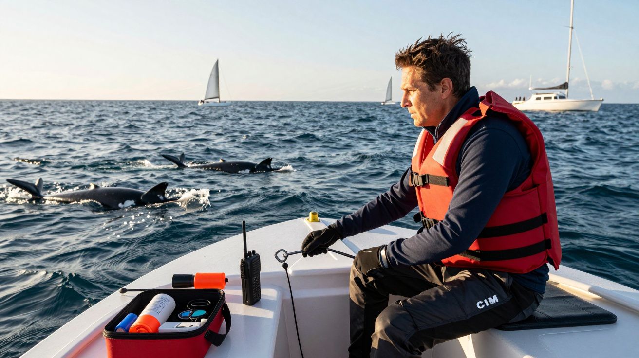Homem de colete salva-vidas em barco observa golfinhos no mar. Vela ao fundo.