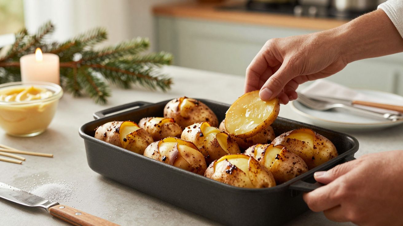 Pessoa prepara batatas assadas no forno com manteiga e ervas, em tabuleiro preto sobre bancada de cozinha decorada com pinhei