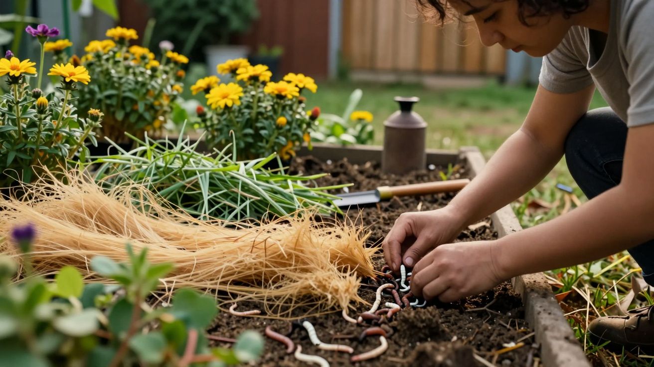 Pessoa a plantar sementes em horta com flores amarelas, terra fértil e minhocas.