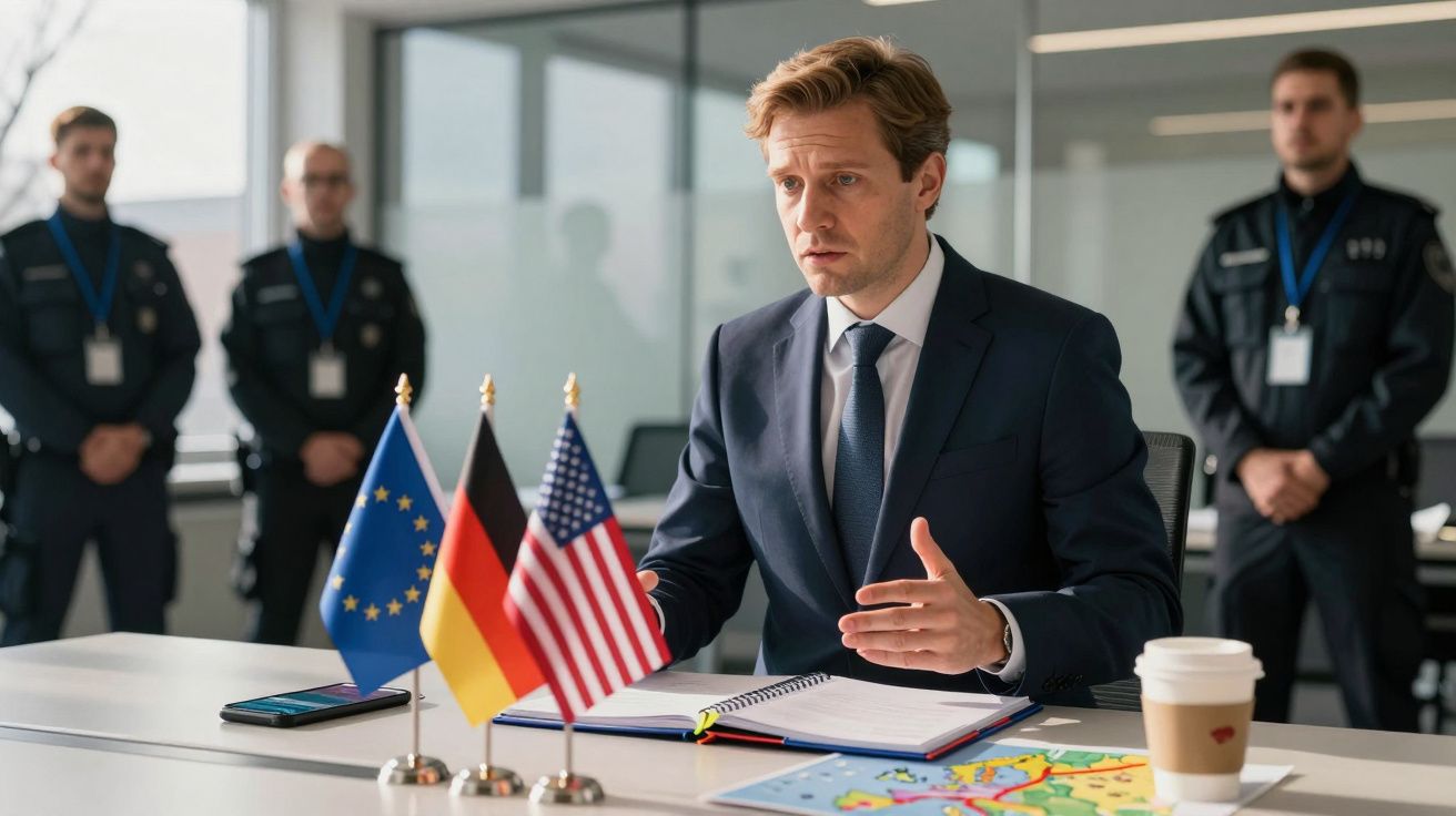 Homem de fato em reunião com bandeiras da UE, Alemanha e EUA na mesa, guardas parados ao fundo em ambiente corporativo.