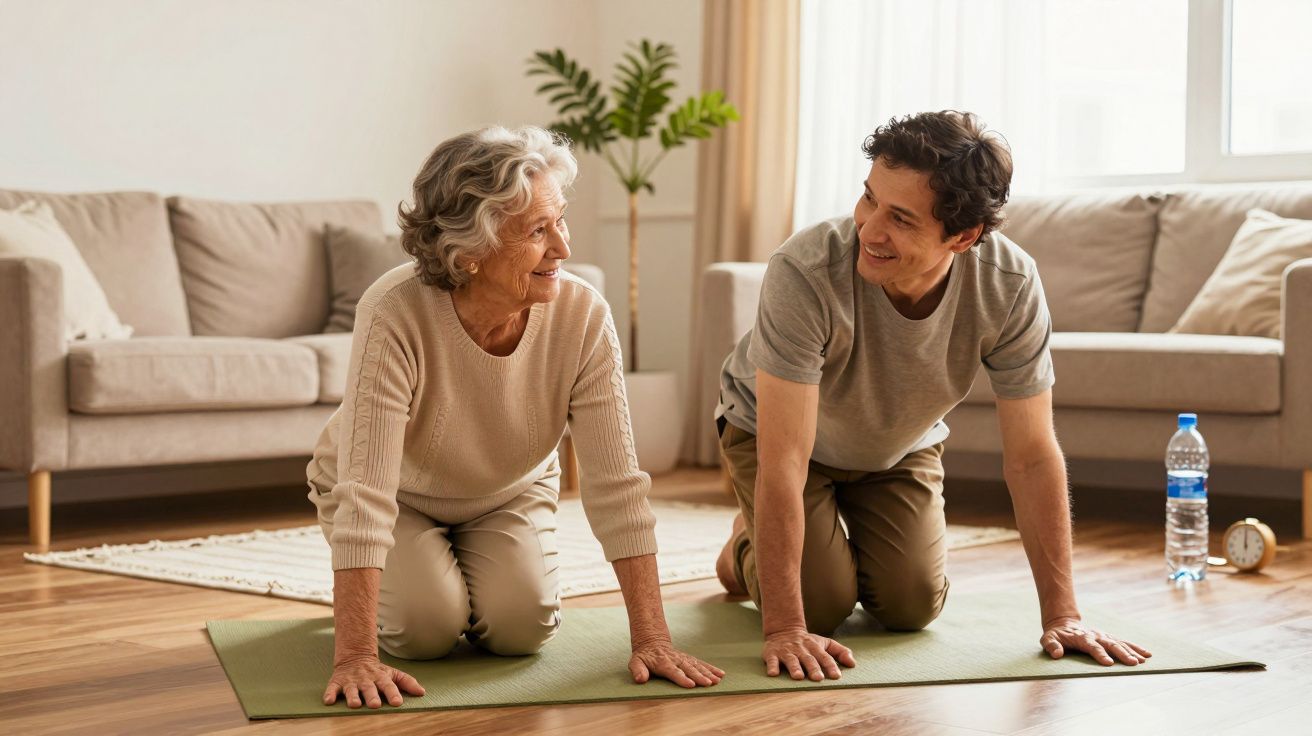 Idosa e homem sorrindo enquanto fazem exercício de alongamento juntos numa sala de estar.