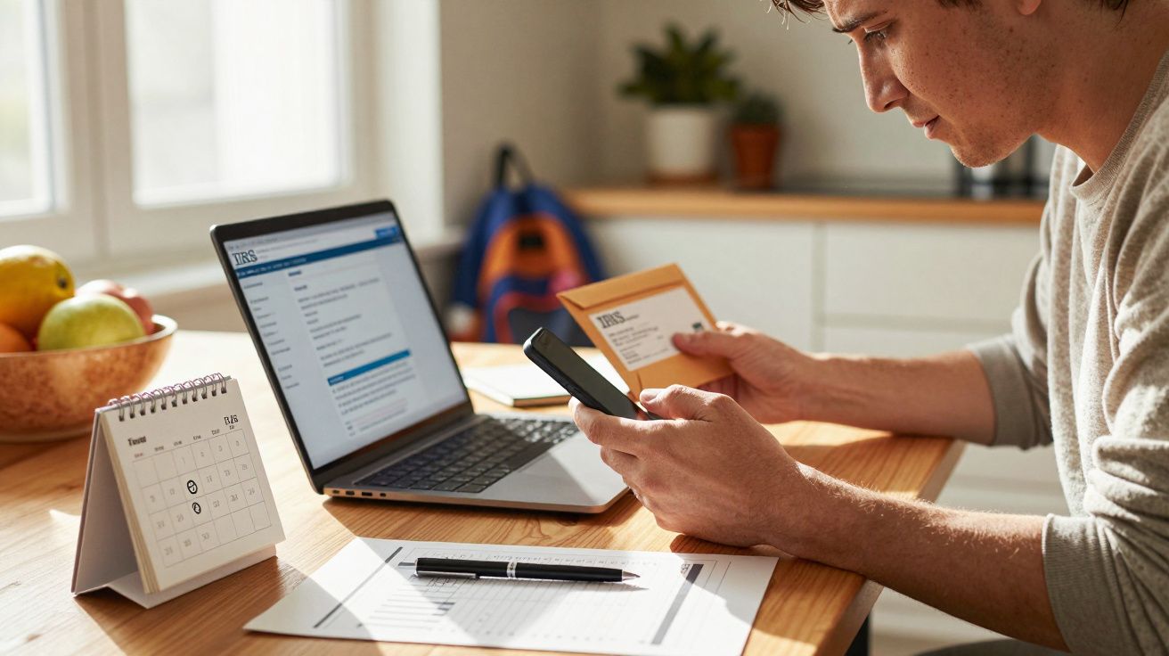 Homem sentado à mesa a usar smartphone e portátil, com documentos e calendário ao lado, em ambiente de trabalho em casa.