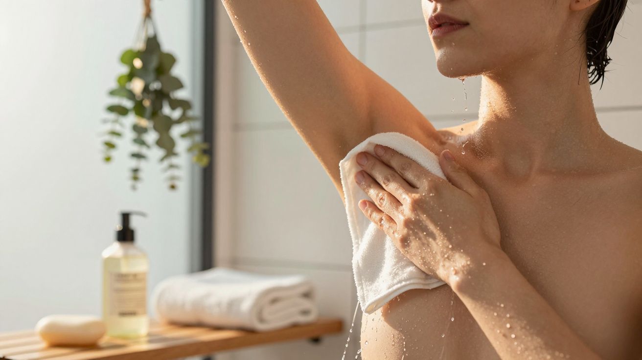 Mulher secando a axila com toalha branca após banho; sabonete e toalha dobrada ao fundo sobre bancada de madeira.
