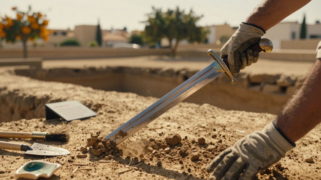 Pessoa com luvas manuseia espada encontrada durante escavação arqueológica ao ar livre, com ferramentas ao redor.