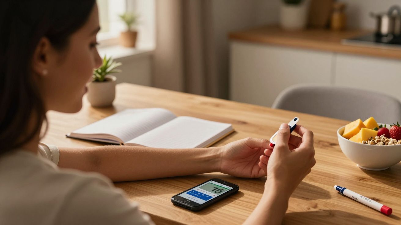 Mulher verificando nível de glicose com glicosímetro, sentada à mesa com telemóvel, caderno e tigela de frutas.