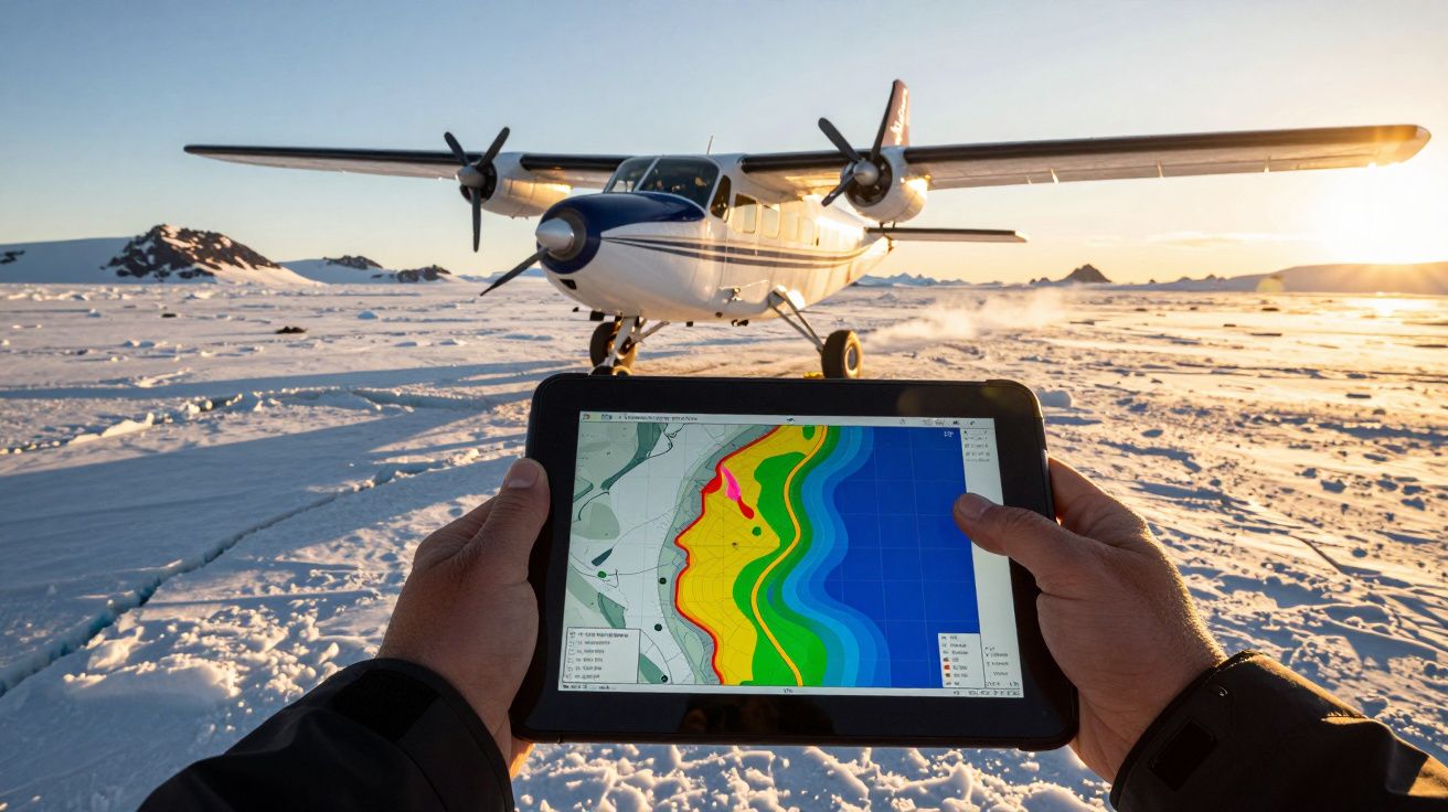 Pessoa segura tablet com mapa junto a avião pousado em superfície nevada iluminada pelo sol baixo.