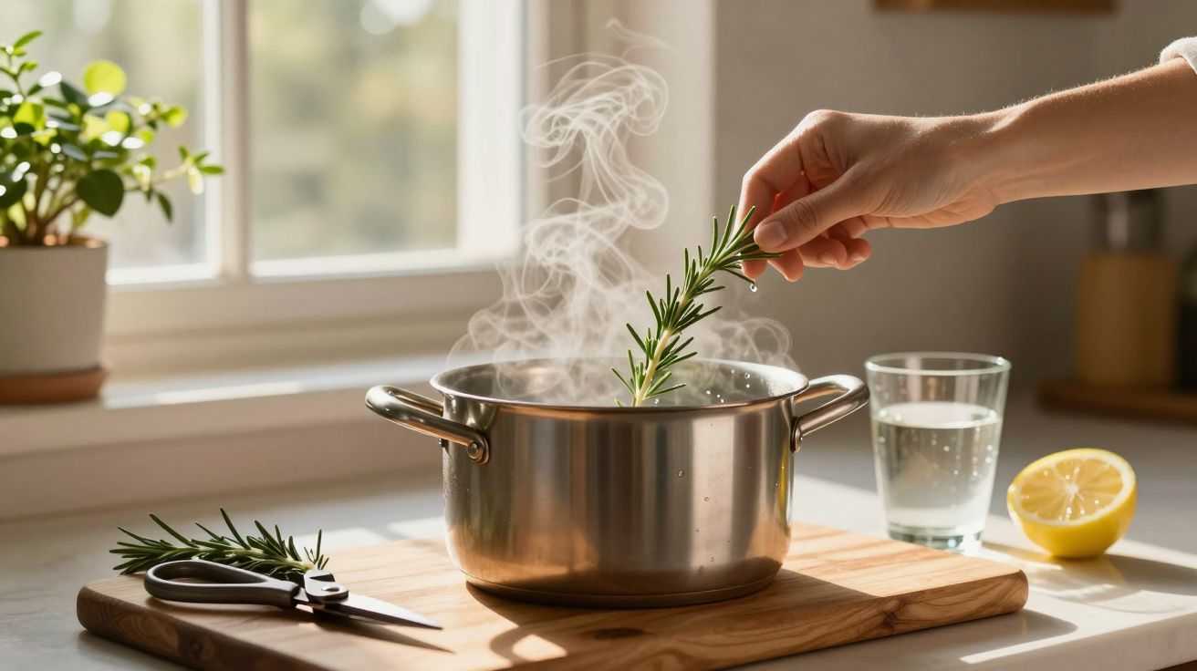 Mão adiciona alecrim a uma panela fumegante em cozinha iluminada, com limão e copo de água ao lado.