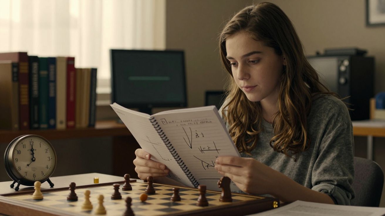 Mulher estuda notas de xadrez num escritório, com tabuleiro e relógio ao lado.