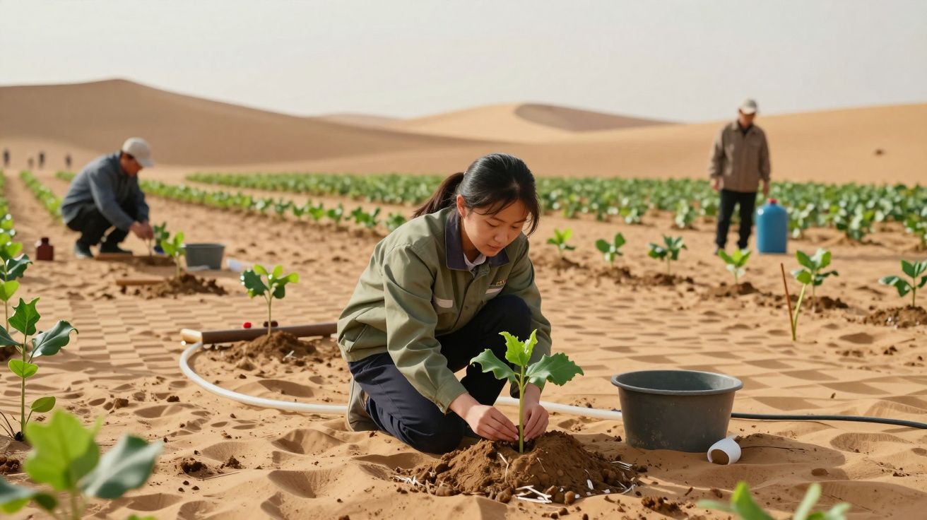 Mulher planta muda no deserto, cercada por linhas de outras plantas e dois homens ao fundo.