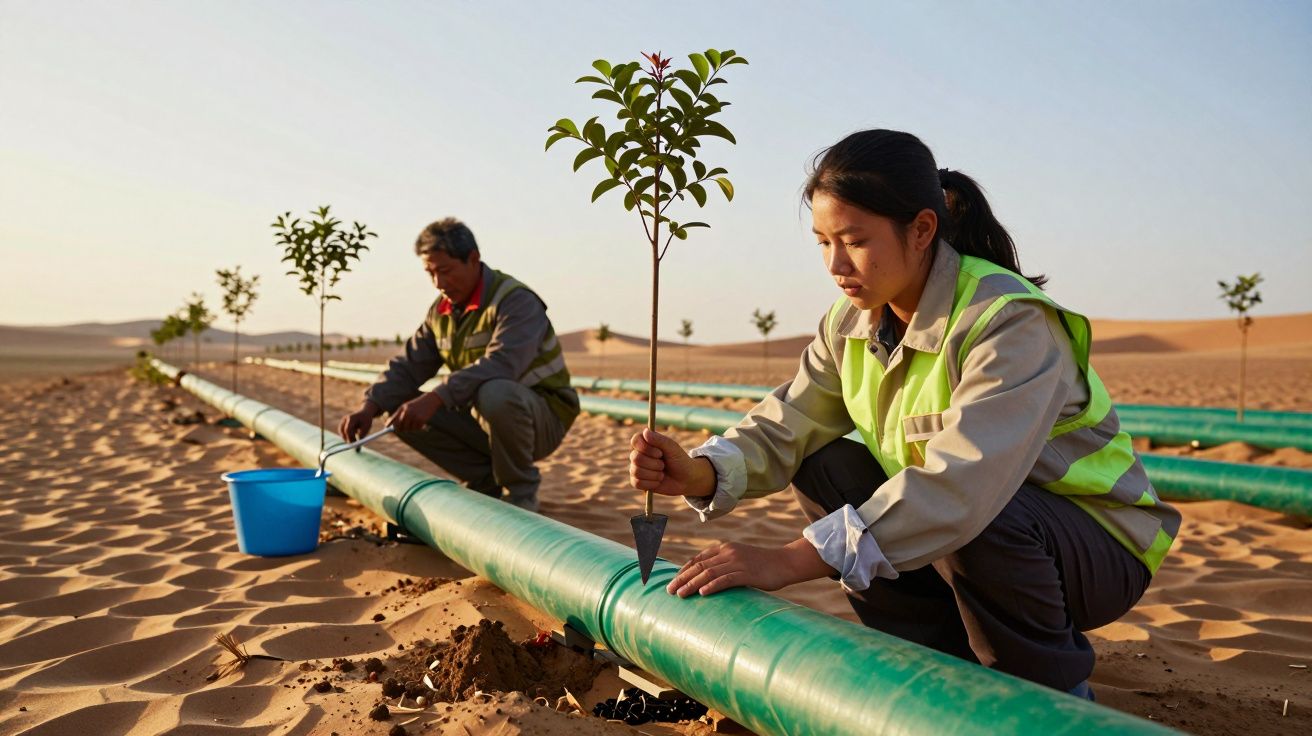 Pessoas plantam árvores no deserto, usando tubos de irrigação verde, sob céu claro.