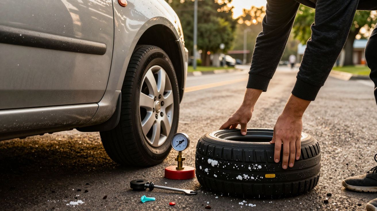 Pessoa troca um pneu do carro numa rua, com ferramentas e manómetro de pressão ao lado.