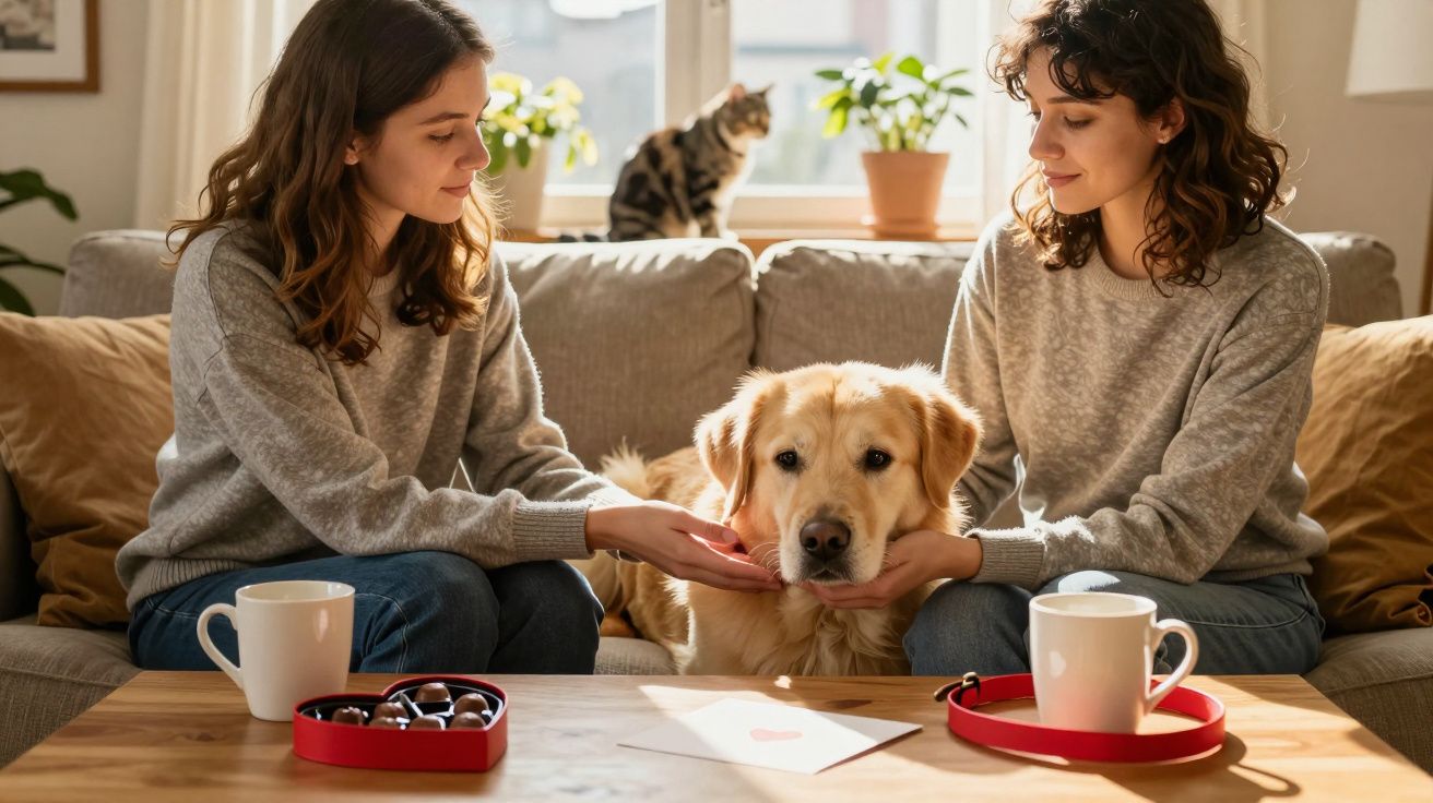 Duas mulheres sentadas no sofá com um cão ao meio, gato na janela, bebidas e caixa de chocolates na mesa.