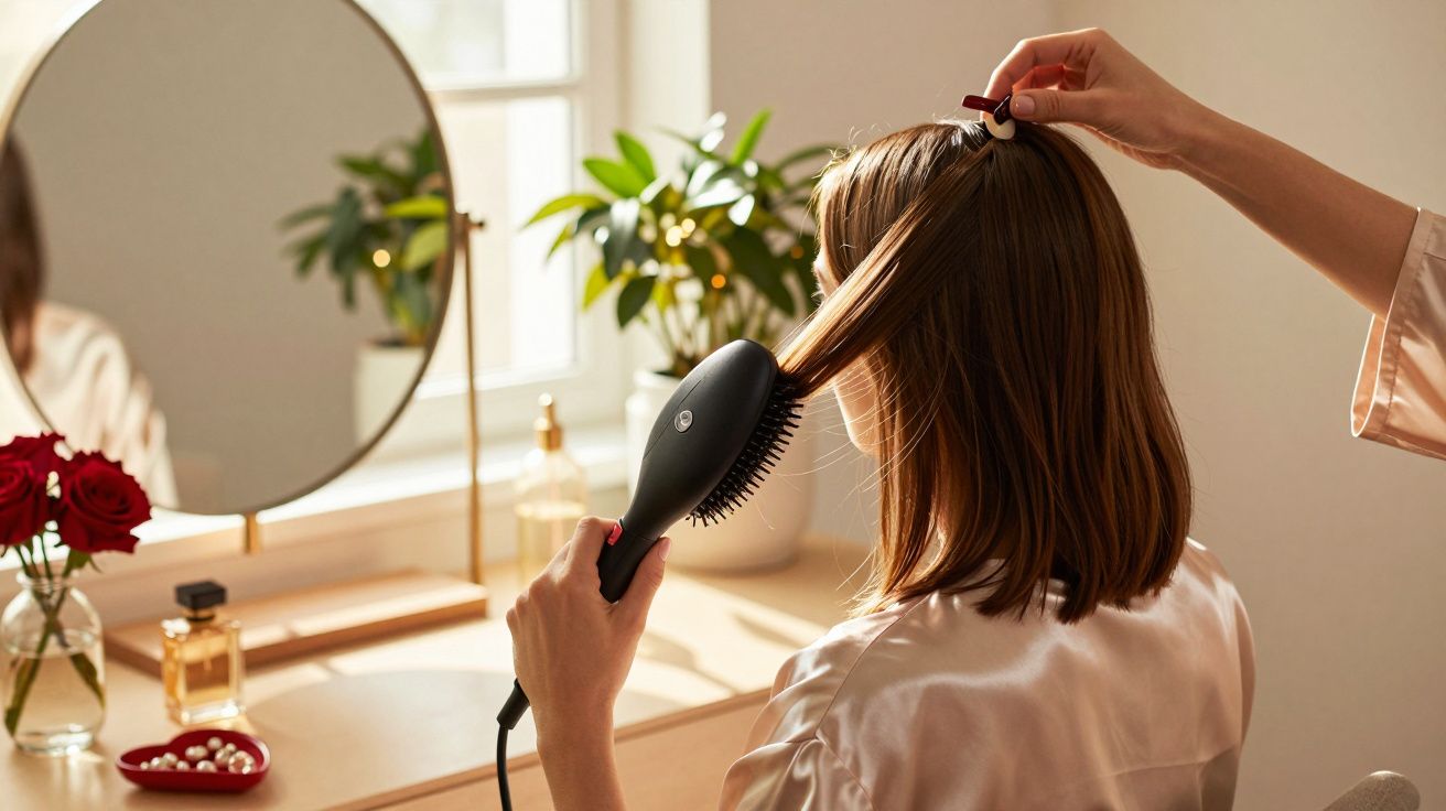 Mulher a usar uma escova alisadora no cabelo, sentada à frente de um espelho, com flores e cosméticos ao lado.
