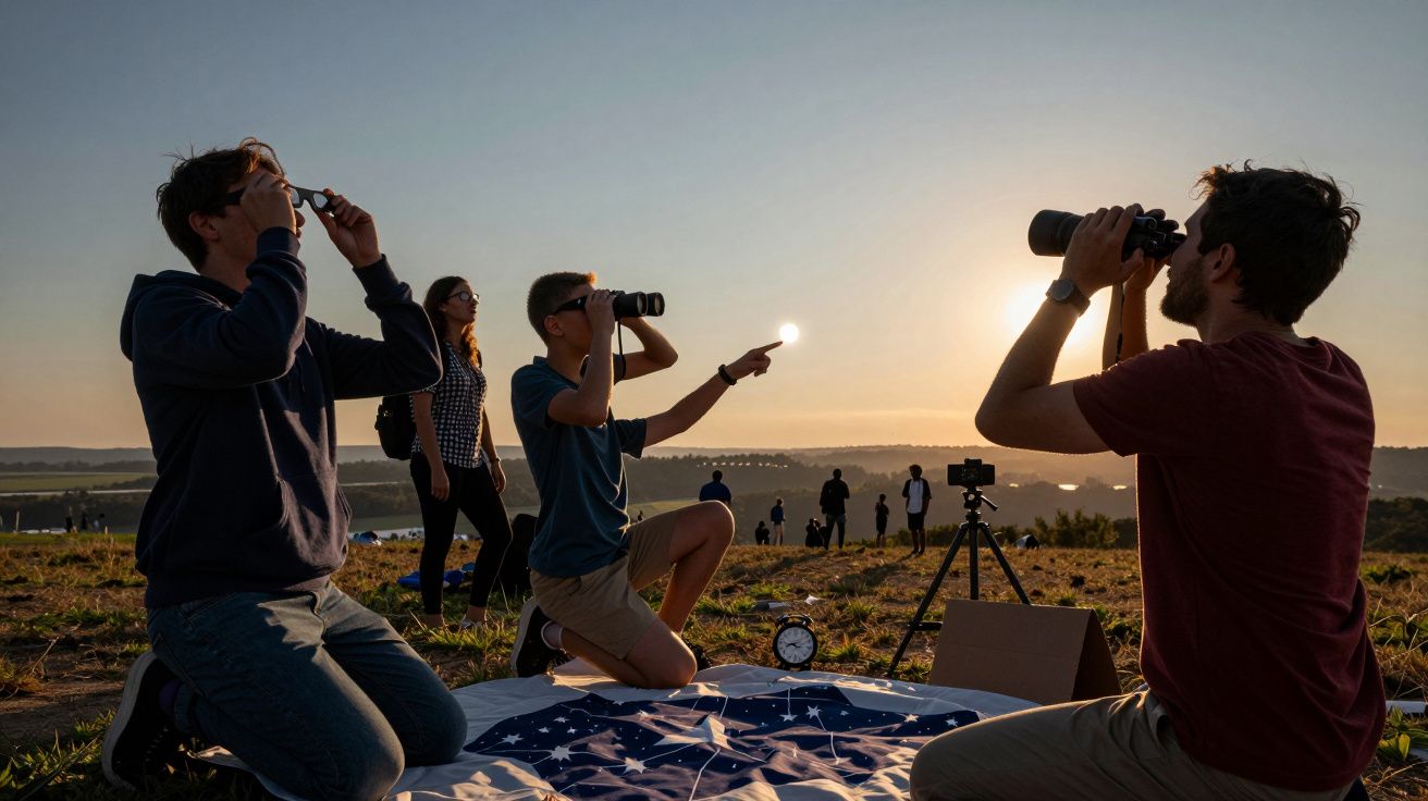Pessoas observam o céu ao pôr do sol com binóculos e câmeras num campo, tendo um relógio e mapa ao solo.