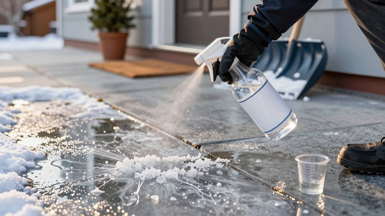 Pessoa a aplicar solução de degelo num passeio coberto de neve e gelo. Pá de neve ao fundo.