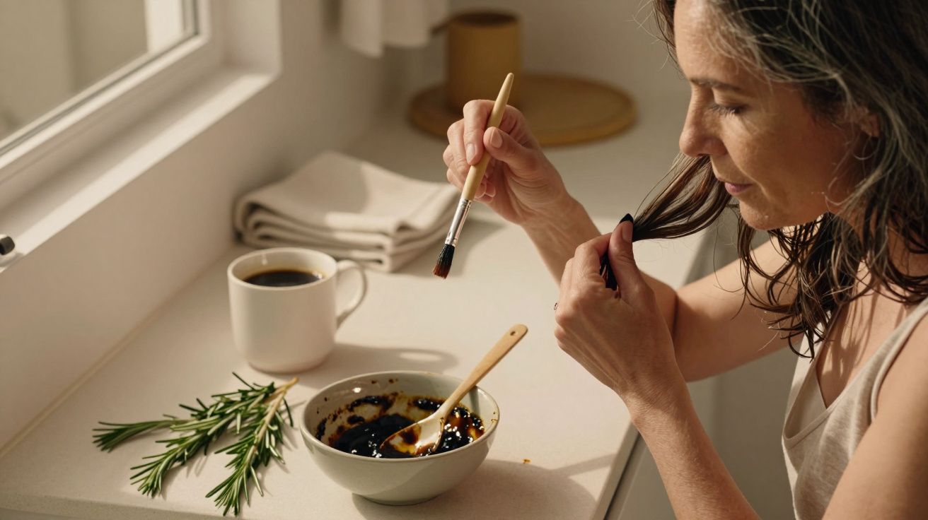 Mulher aplica pasta no cabelo com pincel, numa cozinha com taça, chávena e alecrim sobre a bancada.
