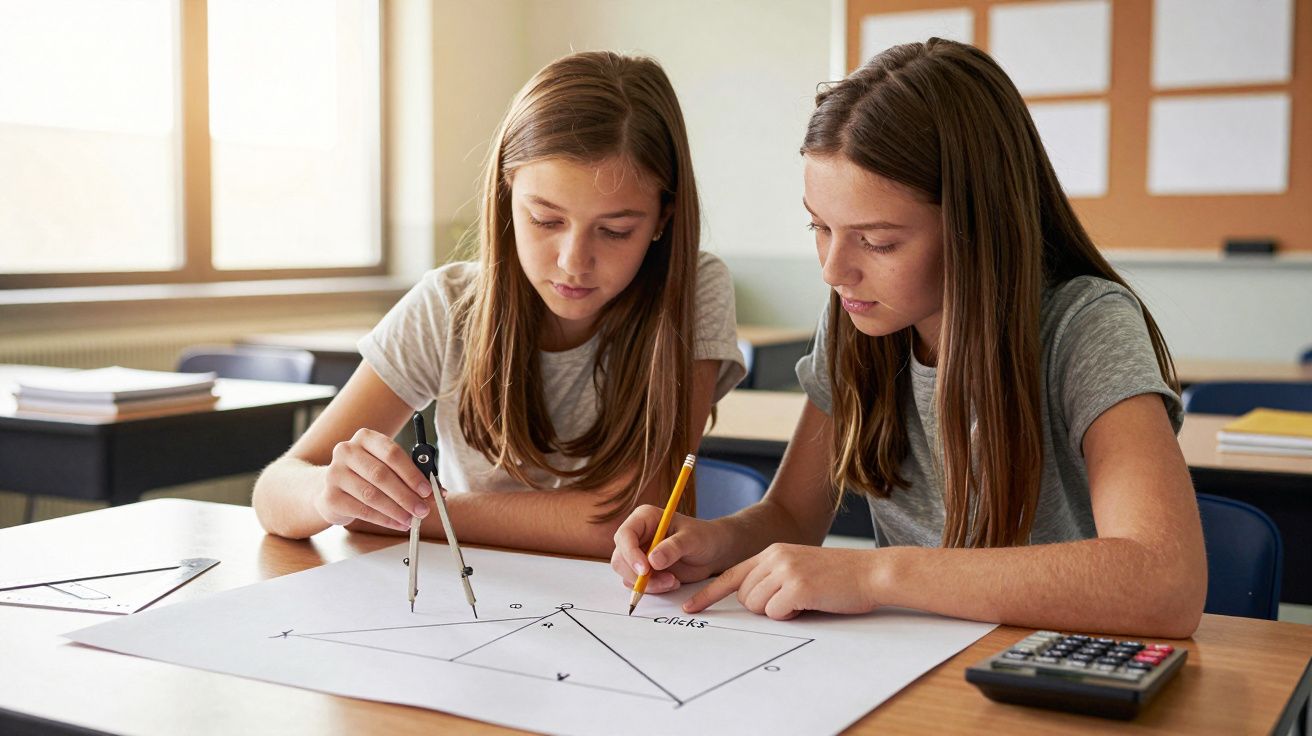 Duas meninas concentram-se num exercício de geometria na sala de aula, usando um compasso e um lápis sobre uma mesa.