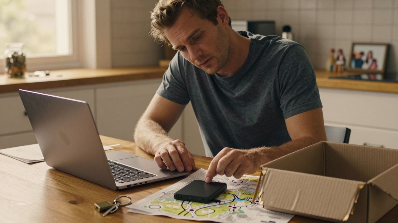Homem concentra-se em smartphone sobre mapa, ao lado de portátil e caixa aberta numa mesa de madeira.