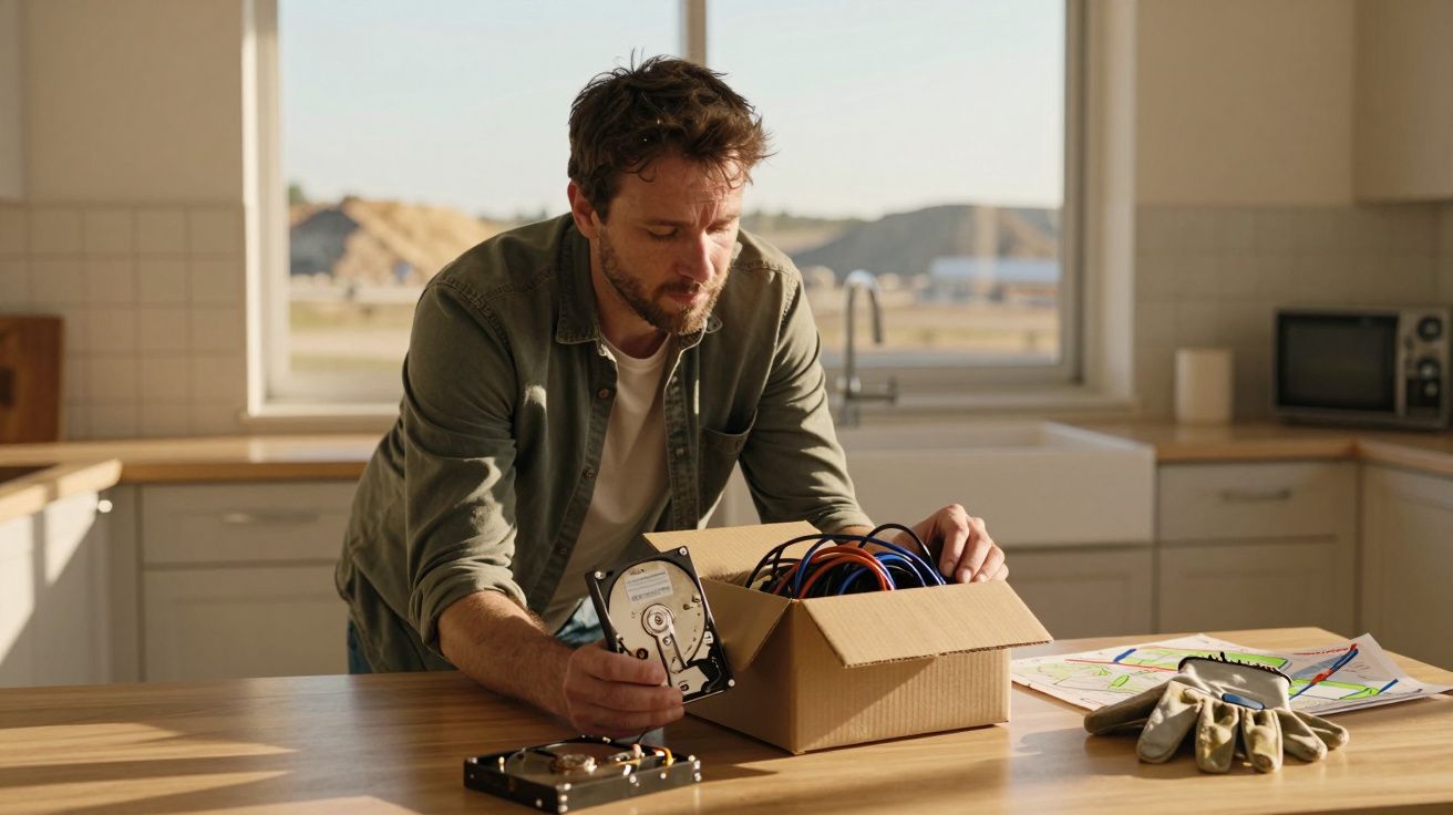 Homem numa cozinha a manusear discos rígidos e cabos de uma caixa de cartão sobre uma bancada iluminada pelo sol.