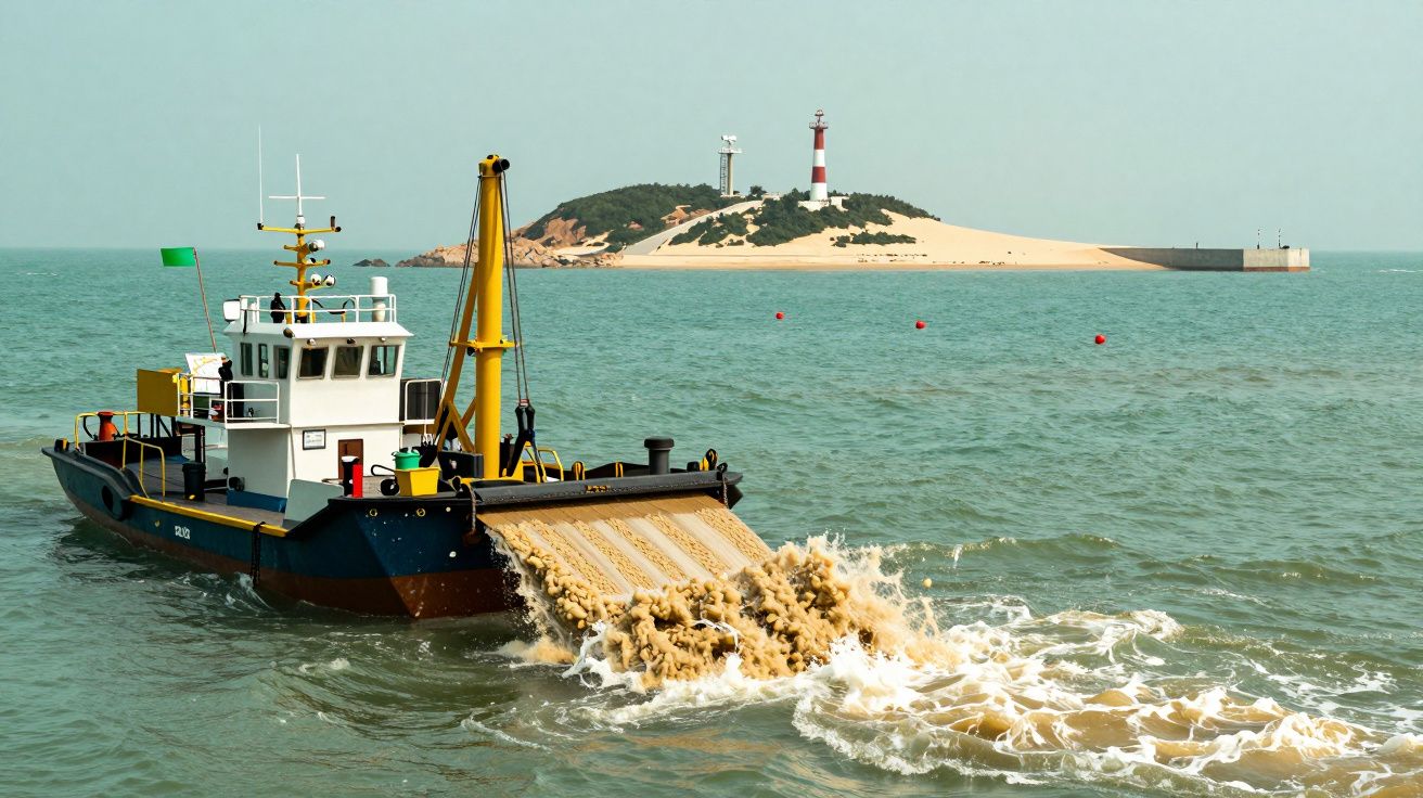 Barco draga operando no mar com uma ilha e faróis ao fundo.