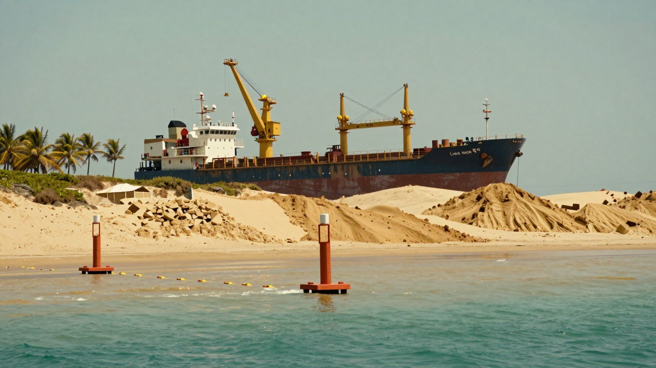 Navio de carga encalhado na areia de uma praia com coqueiros ao fundo e bóias vermelhas na água em primeiro plano.