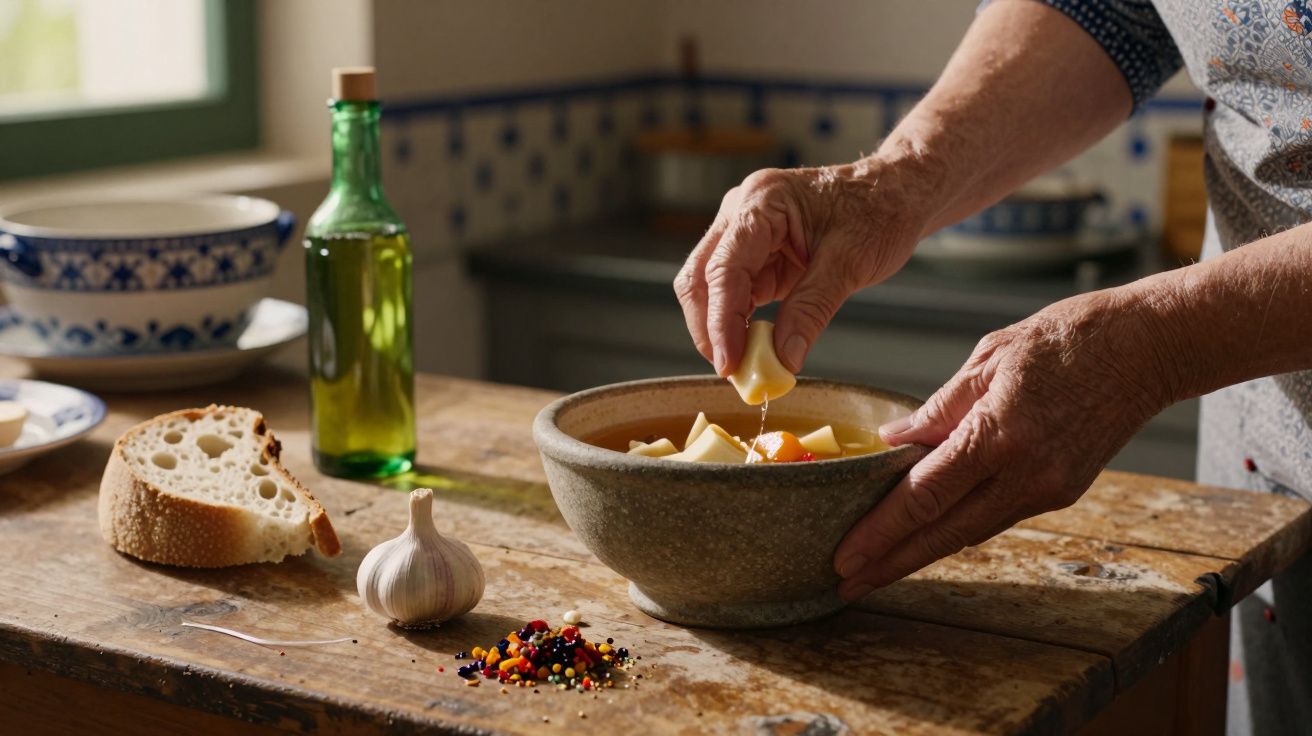 Pessoa tempera uma tigela de salada com azeite em cozinha rústica, ao lado de alho, pão e especiarias.