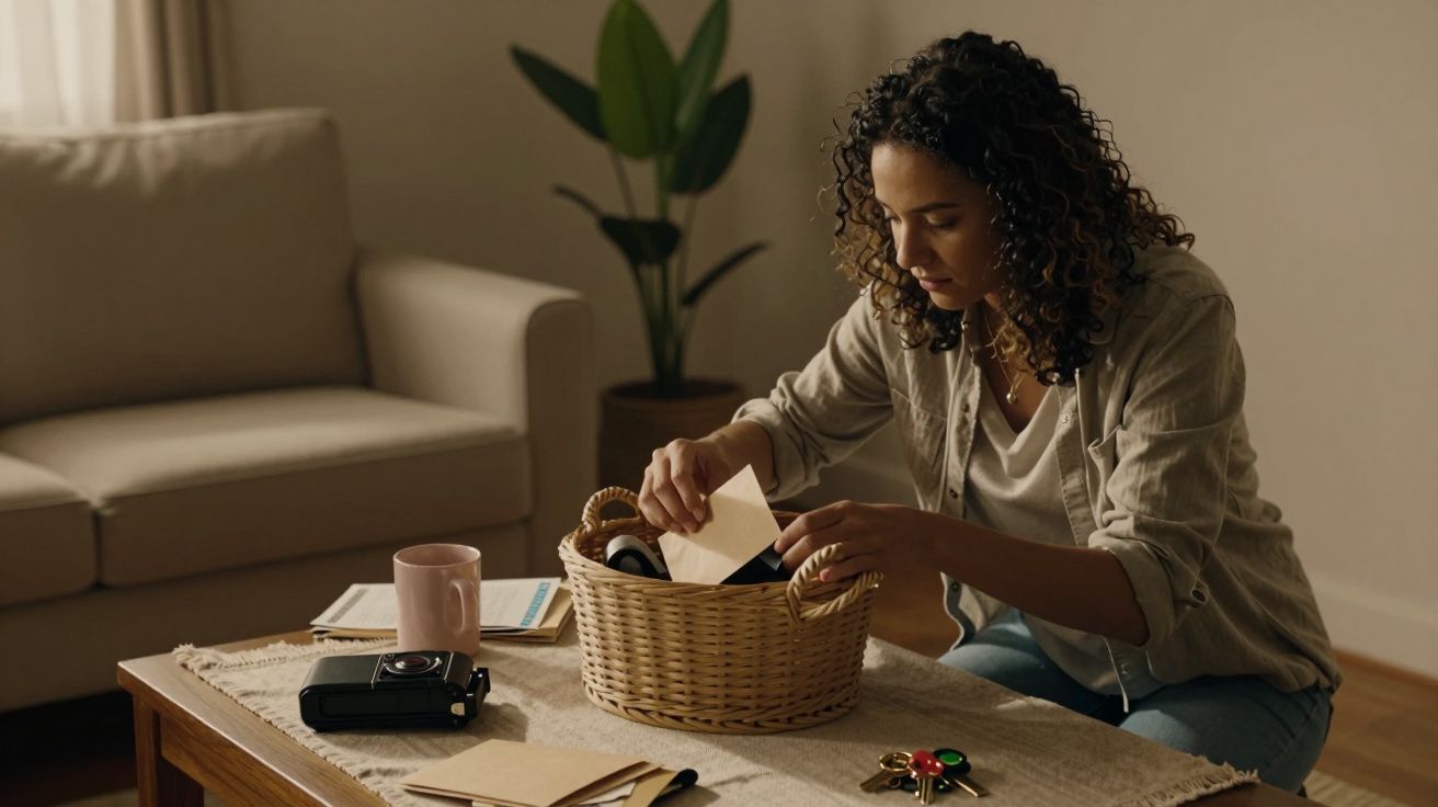 Mulher sentada ao lado de uma mesa, olhando dentro de um cesto de vime.