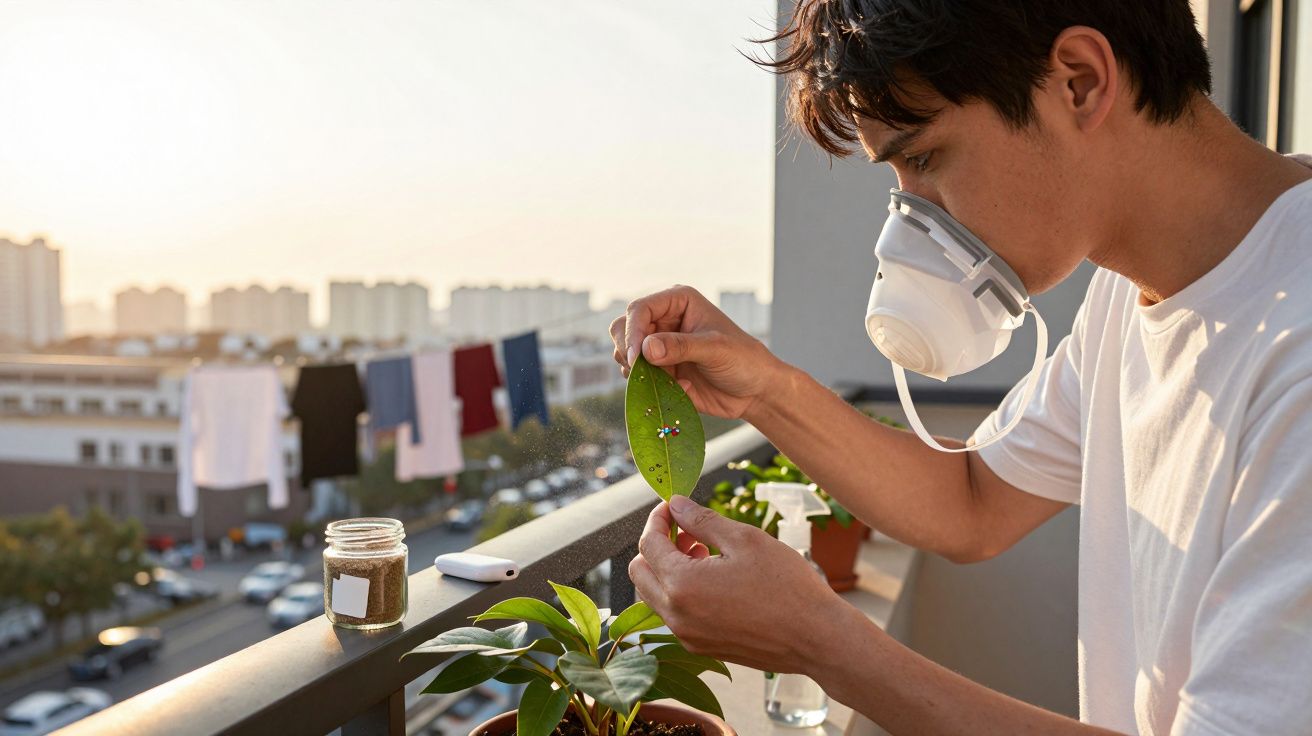 Homem com máscara examina folha de planta em varanda, ao pôr do sol, com prédios ao fundo.